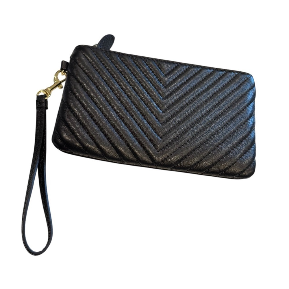 Befen Black Leather Wristlet Clutch Zippered Wallet Puff Channel Stitching - Picture 7 of 10